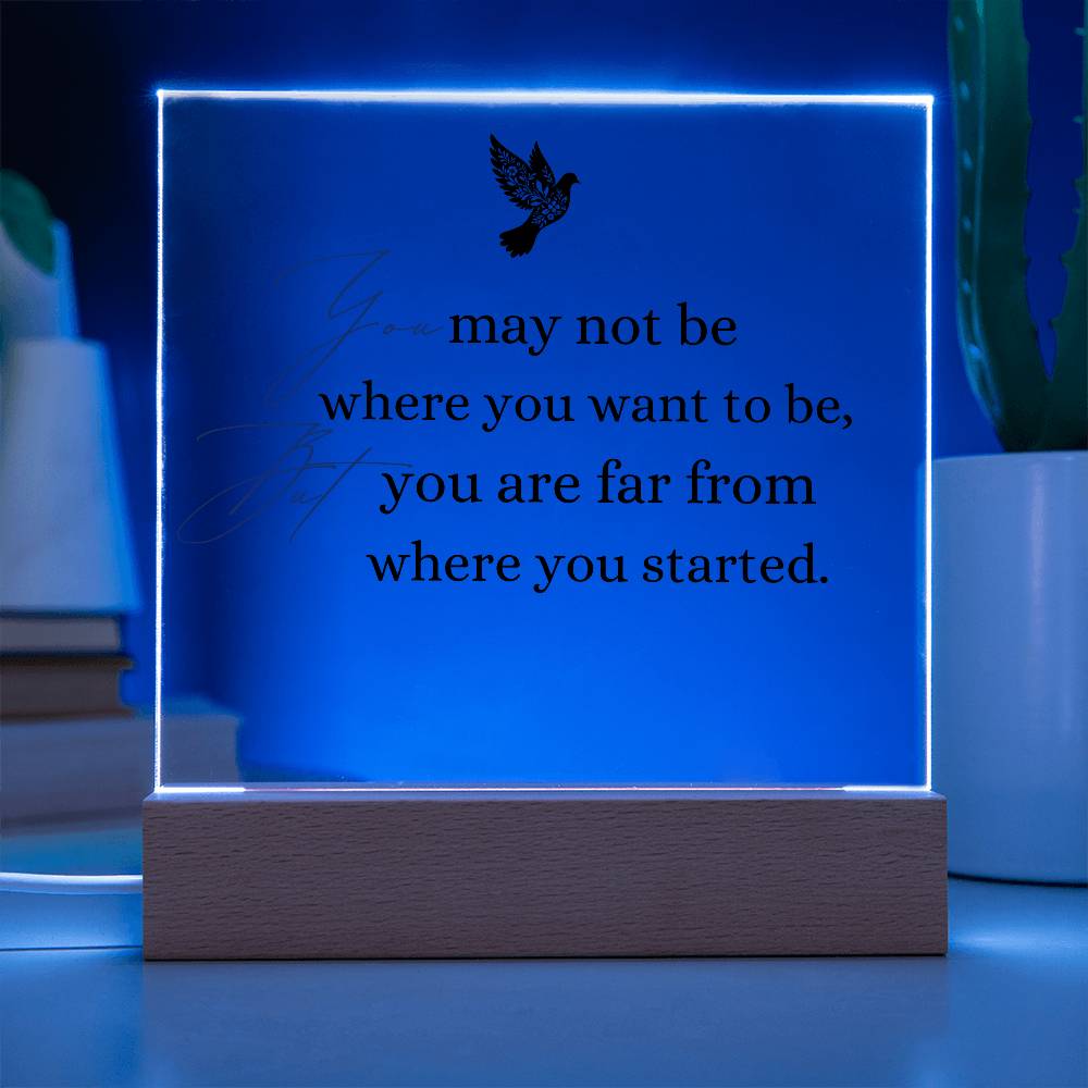 Inspirational Acrylic Plaque with Wooden Base – "You May Not Be Where You Want to Be"