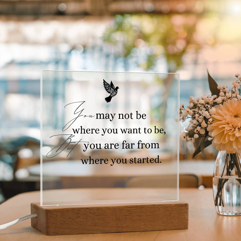 Inspirational Acrylic Plaque with Wooden Base – "You May Not Be Where You Want to Be"