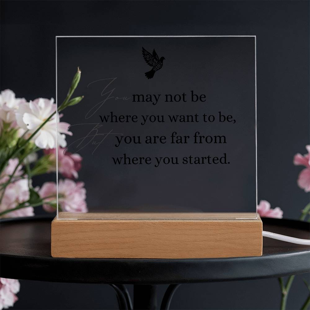 Inspirational Acrylic Plaque with Wooden Base – "You May Not Be Where You Want to Be"