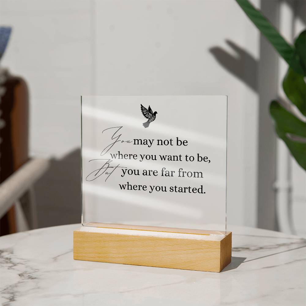 Inspirational Acrylic Plaque with Wooden Base – "You May Not Be Where You Want to Be"