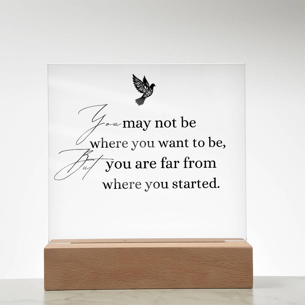 Inspirational Acrylic Plaque with Wooden Base – "You May Not Be Where You Want to Be"