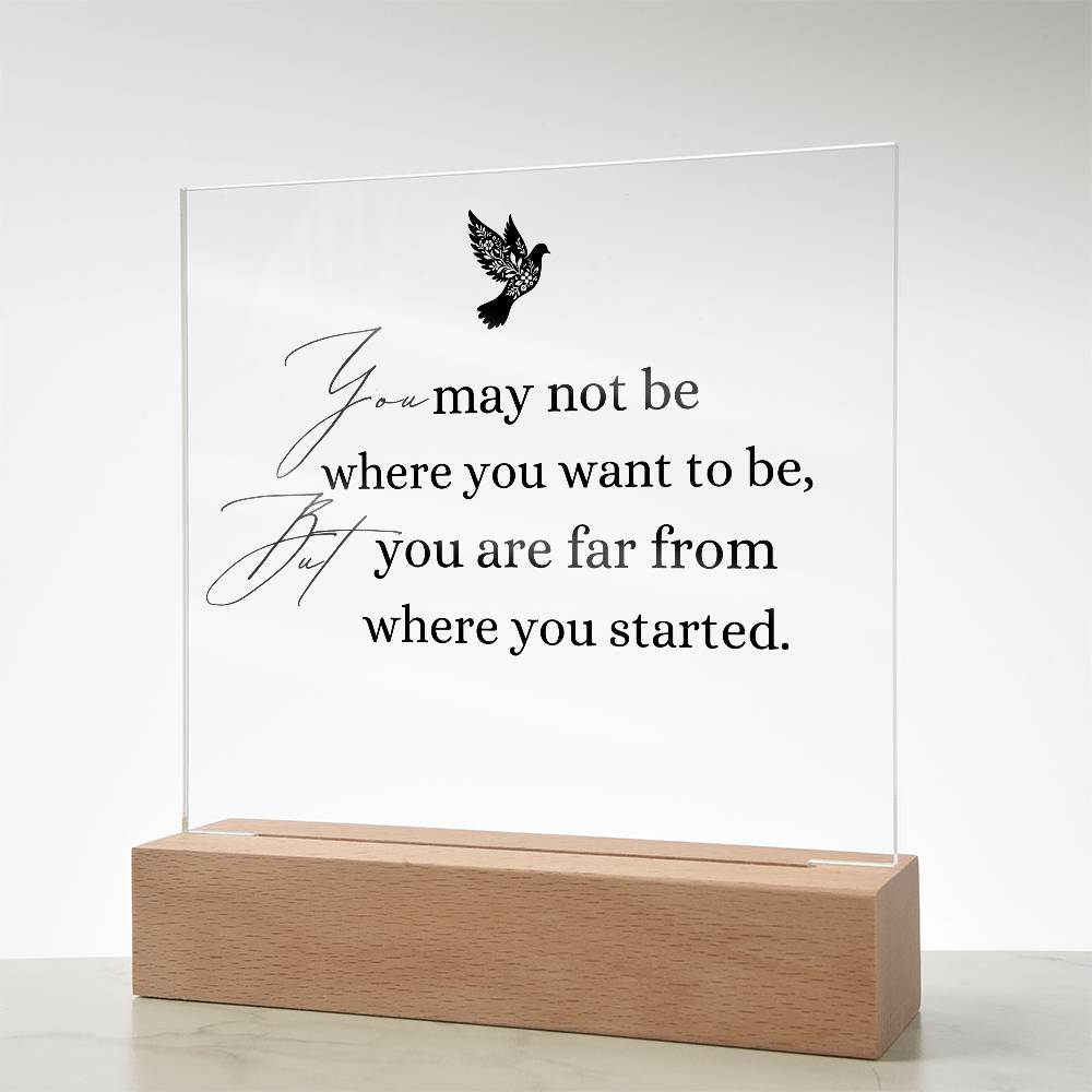 Inspirational Acrylic Plaque with Wooden Base – "You May Not Be Where You Want to Be"