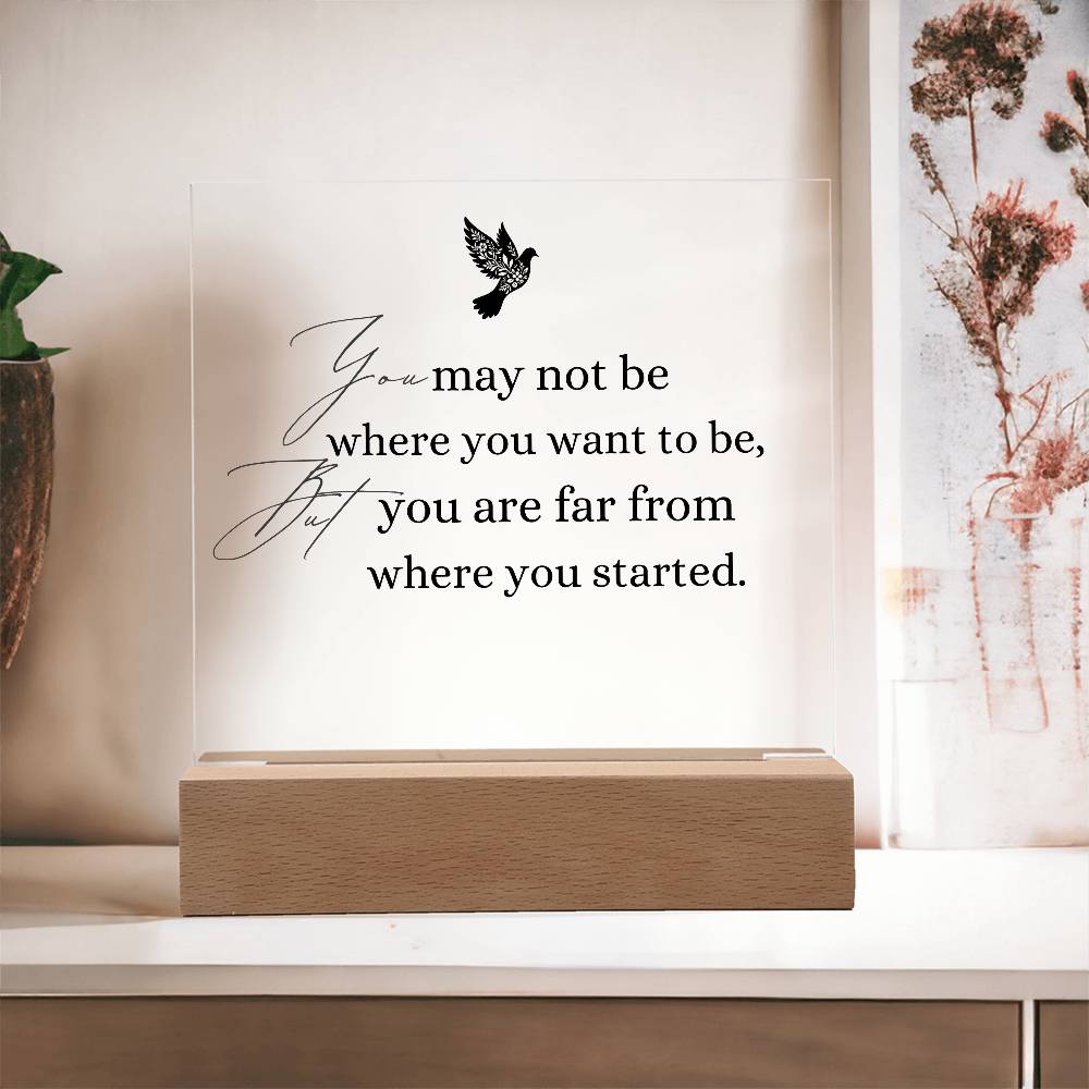 Inspirational Acrylic Plaque with Wooden Base – "You May Not Be Where You Want to Be"