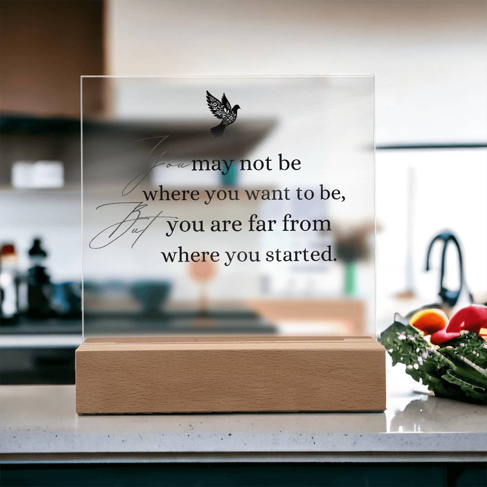 Inspirational Acrylic Plaque with Wooden Base – "You May Not Be Where You Want to Be"