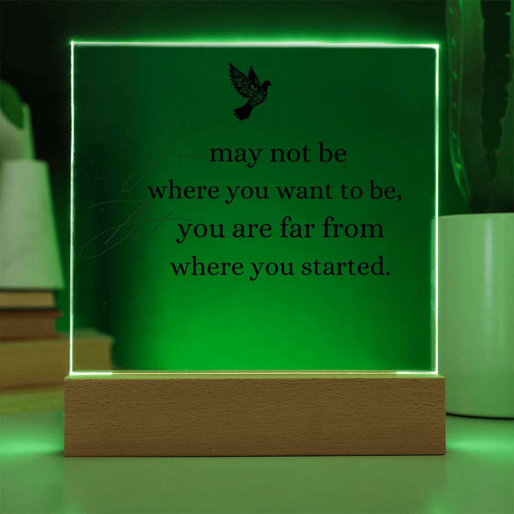 Inspirational Acrylic Plaque with Wooden Base – "You May Not Be Where You Want to Be"