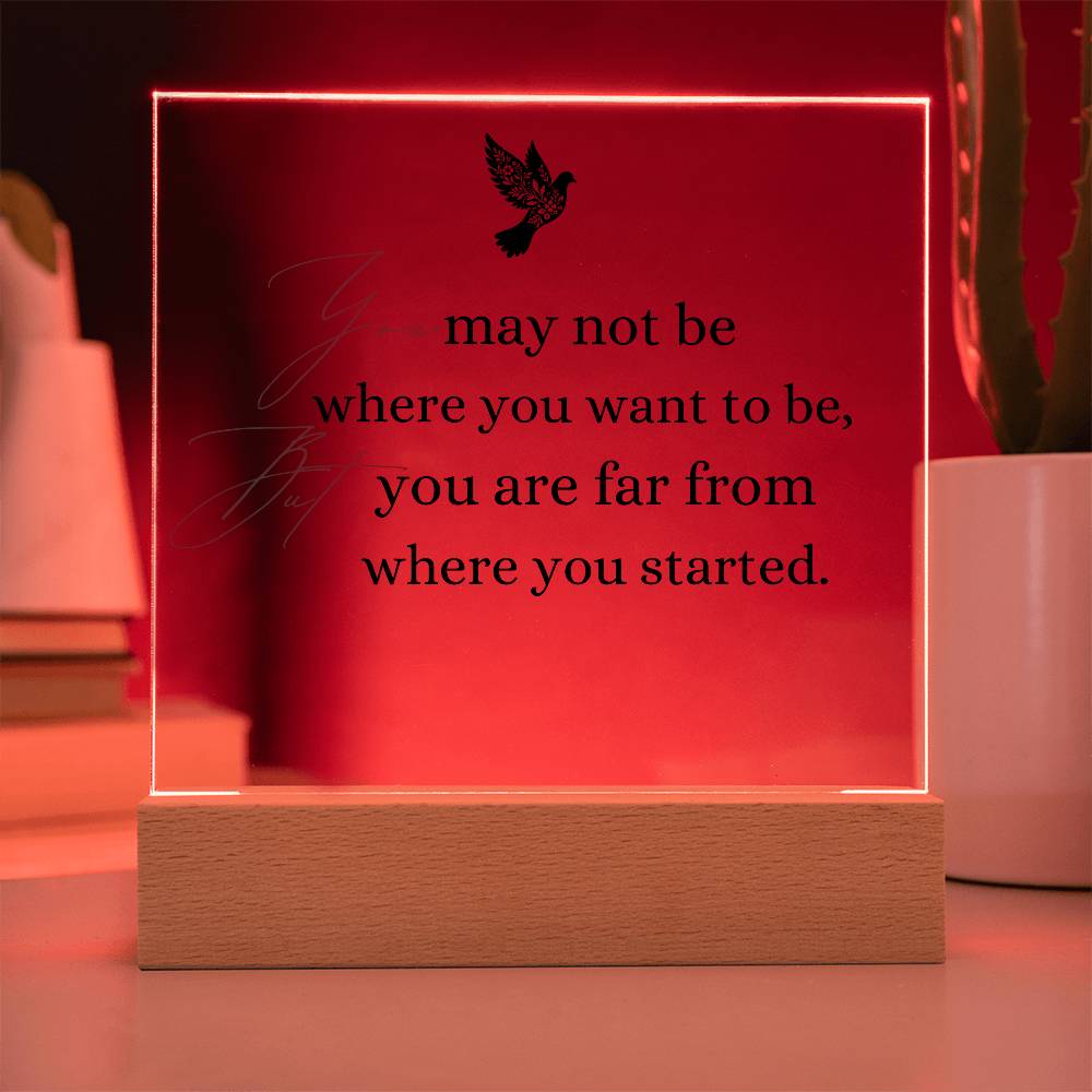 Inspirational Acrylic Plaque with Wooden Base – "You May Not Be Where You Want to Be"