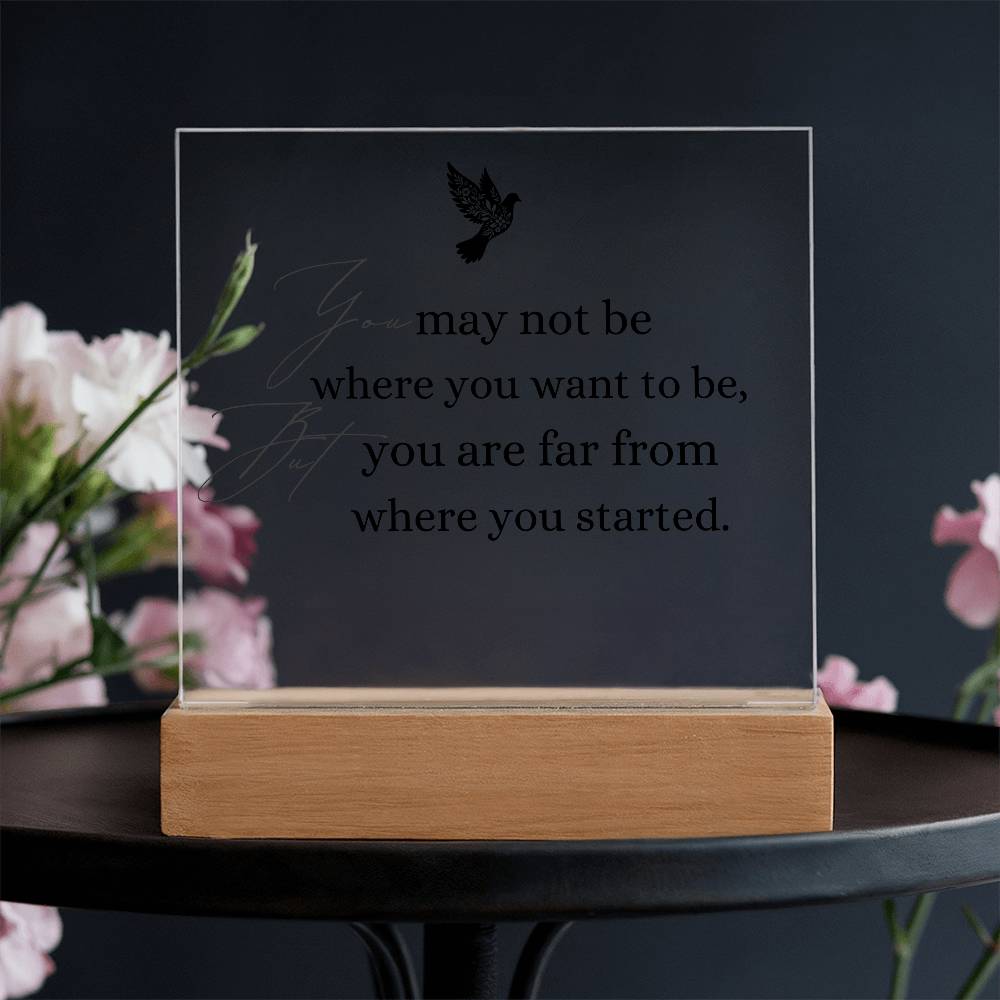 Inspirational Acrylic Plaque with Wooden Base – "You May Not Be Where You Want to Be"